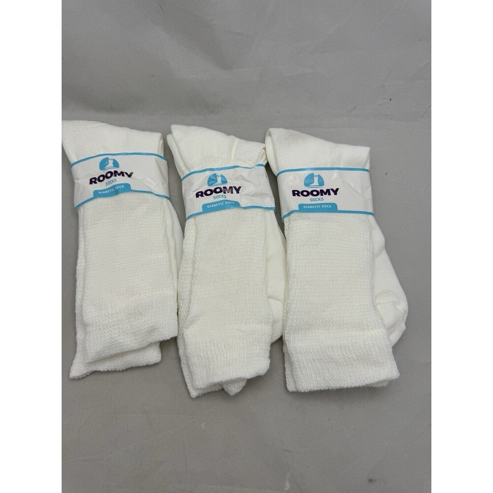 3 Pair Roomy Diabetic Socks White Crew Size 10-13 Made in USA J800L
